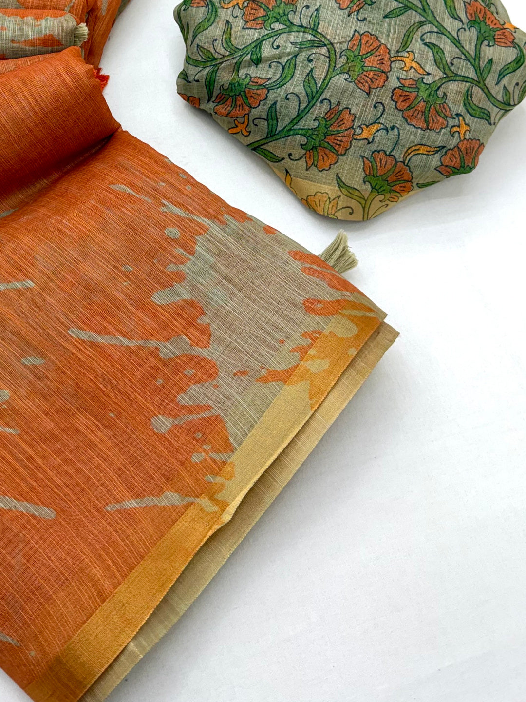 Peachmode Orange Linen Tie-Dye Printed Saree - Image 4