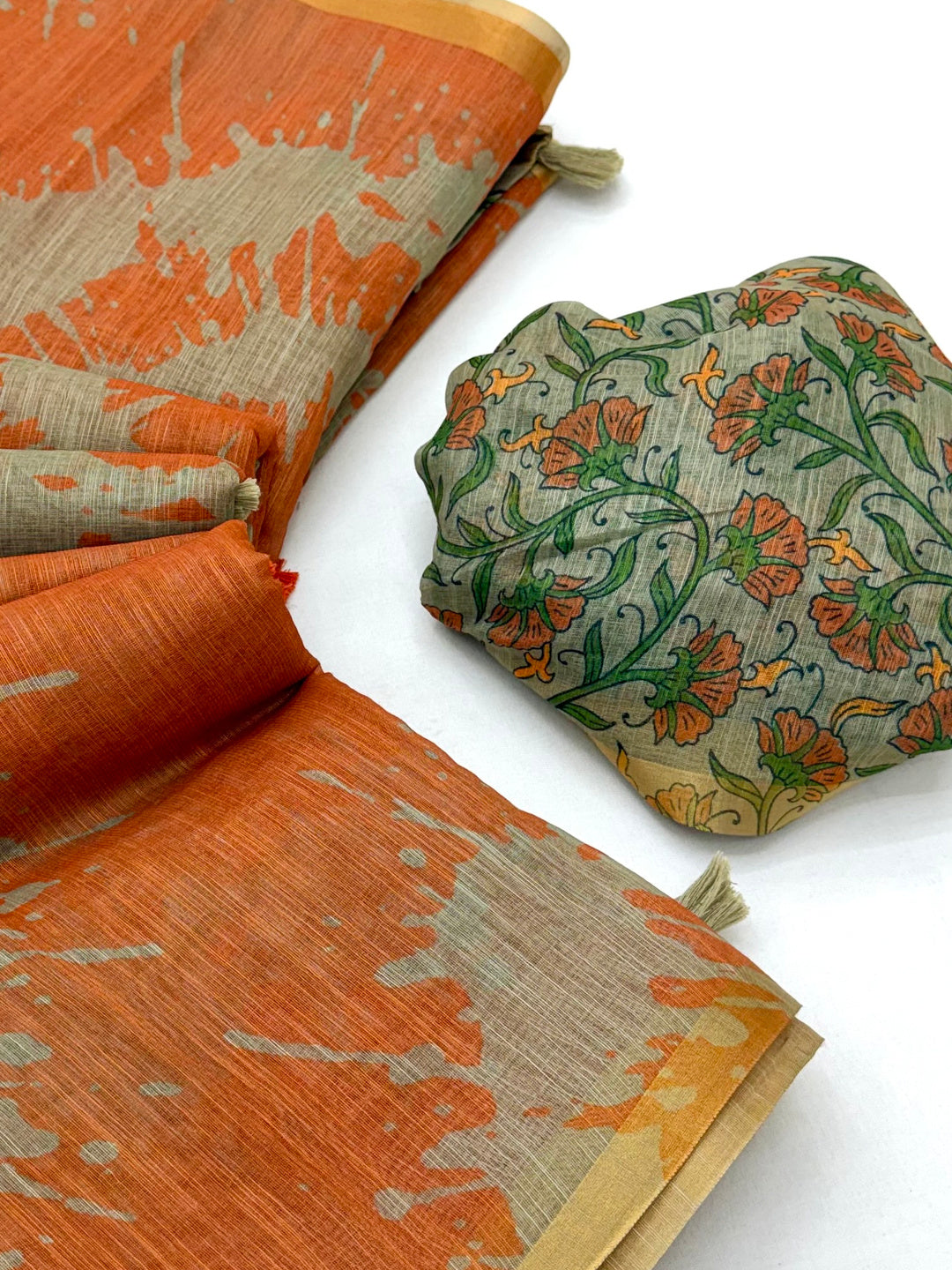 Peachmode Orange Linen Tie-Dye Printed Saree - Image 6