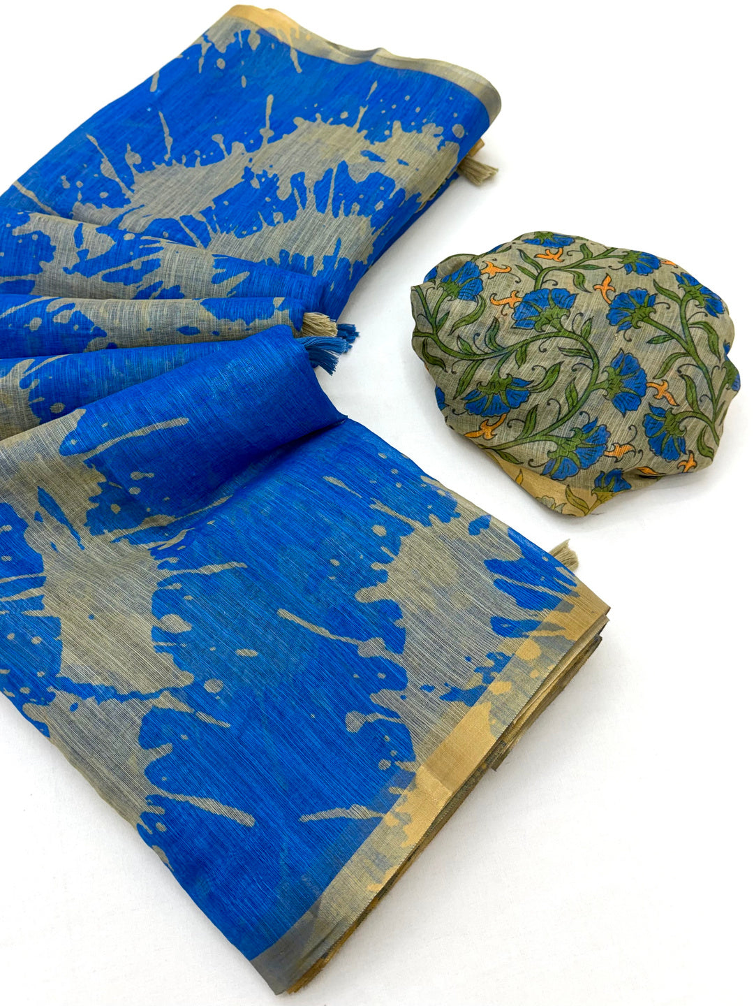Peachmode Blue Linen Tie-Dye Printed Saree - Image 2