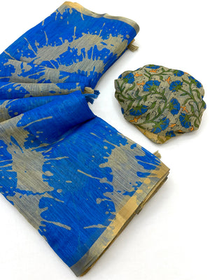 Peachmode Blue Linen Tie-Dye Printed Saree - Image 2