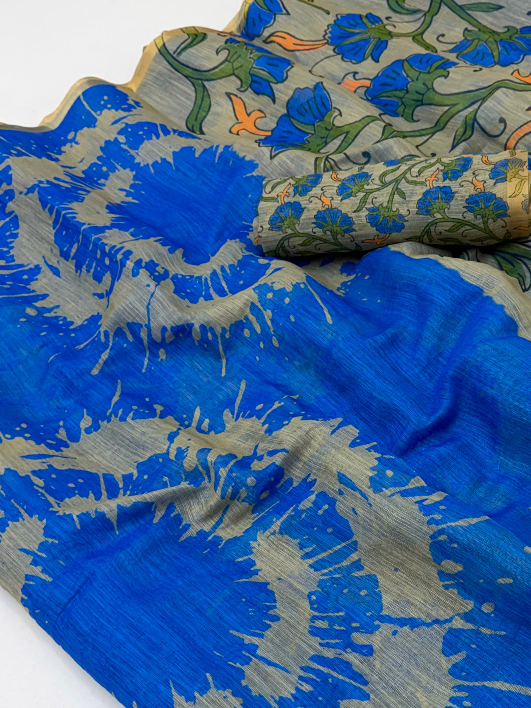 Peachmode Blue Linen Tie-Dye Printed Saree - Image 3