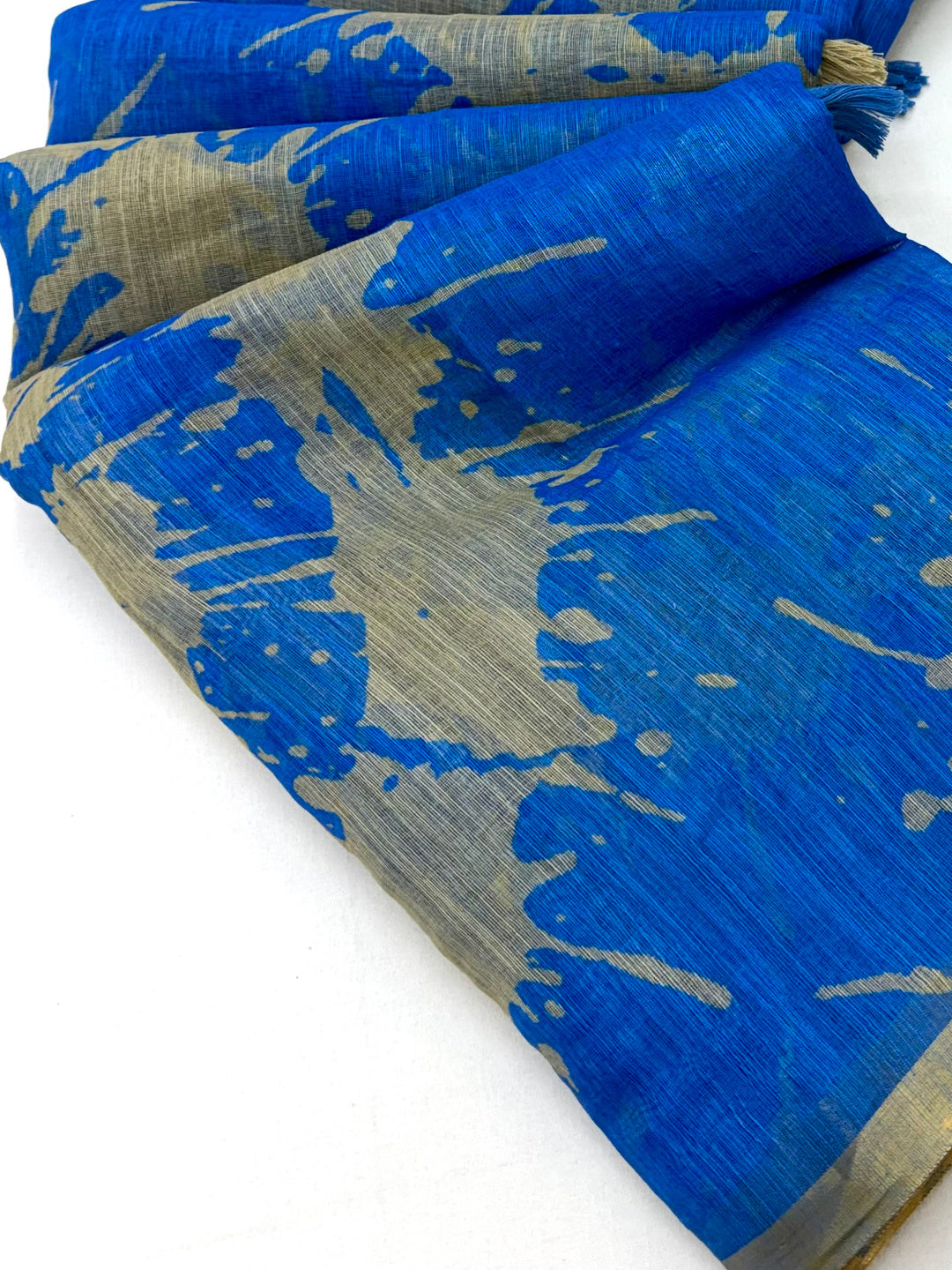 Peachmode Blue Linen Tie-Dye Printed Saree - Image 4