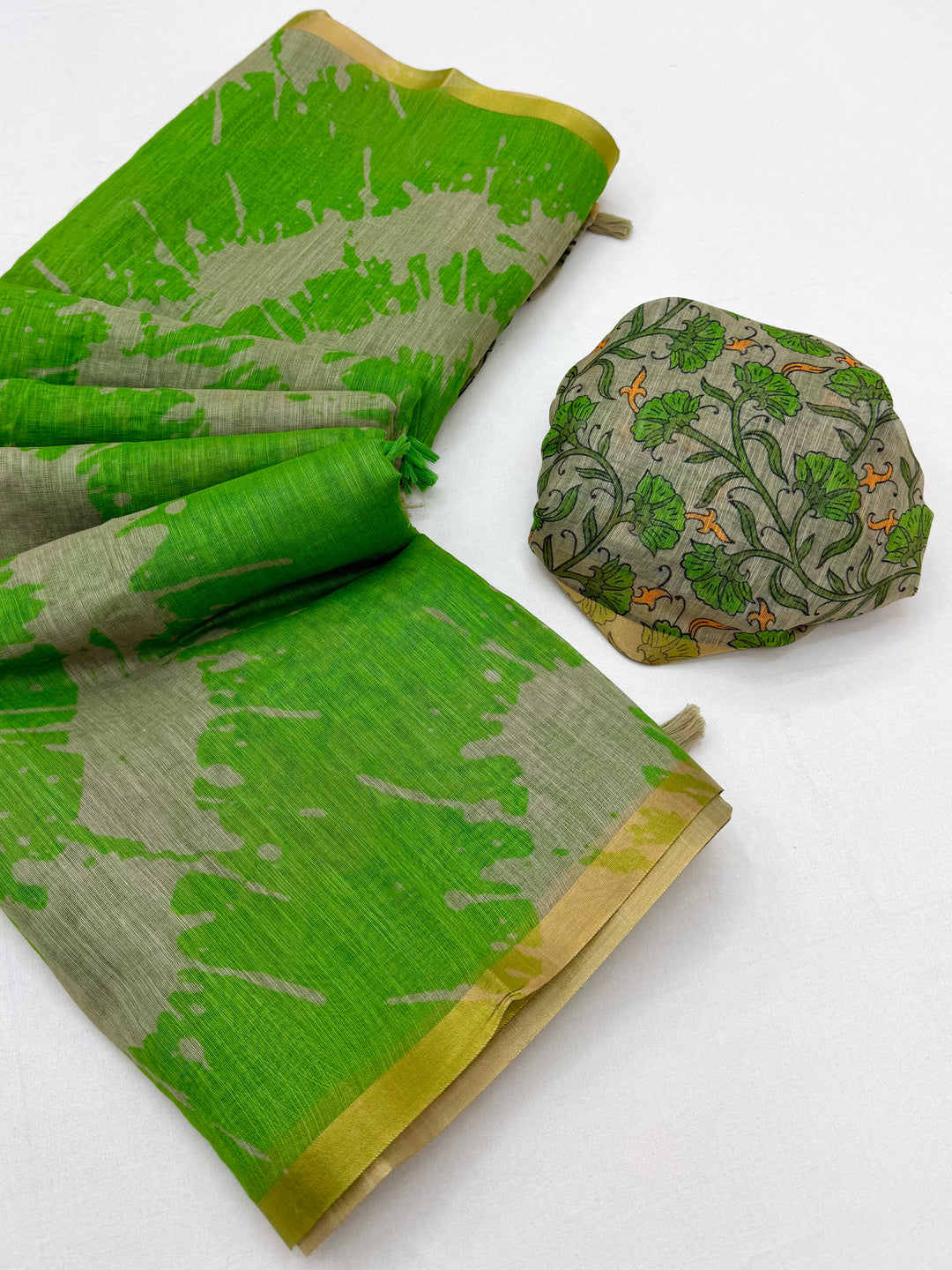 Peachmode Green Linen Tie-Dye Printed Saree - Image 2