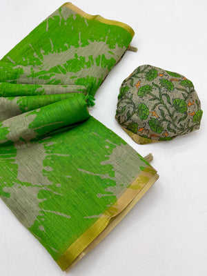 Peachmode Green Linen Tie-Dye Printed Saree - Image 2