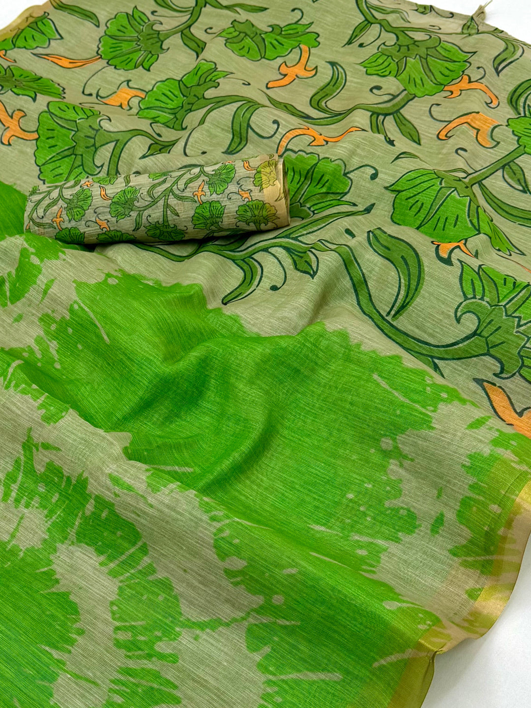 Peachmode Green Linen Tie-Dye Printed Saree - Image 3