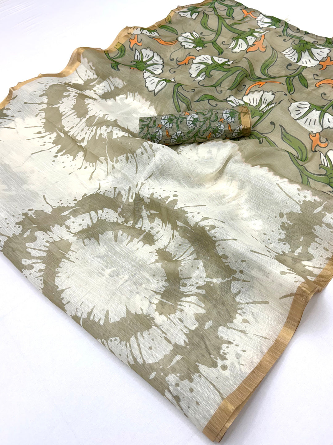 Peachmode White Linen Tie-Dye Printed Saree - Image 1
