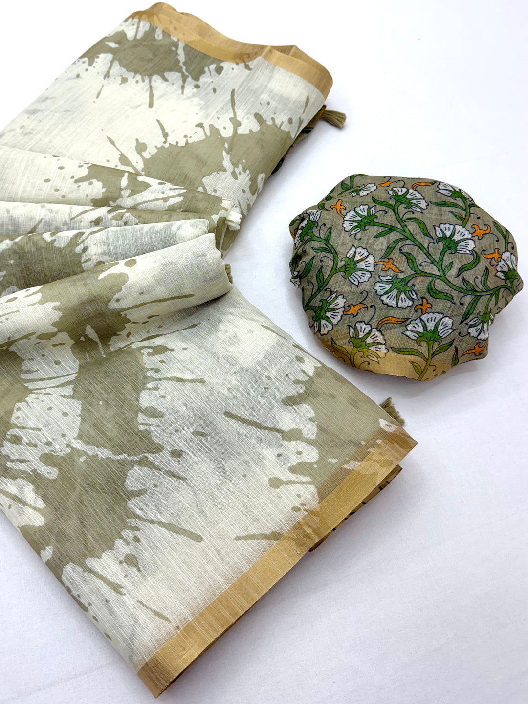 Peachmode White Linen Tie-Dye Printed Saree - Image 2