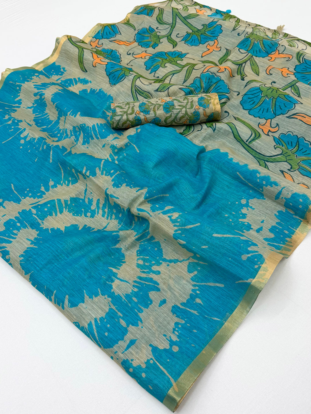 Peachmode Turquoise Linen Tie-Dye Printed Saree - Image 1