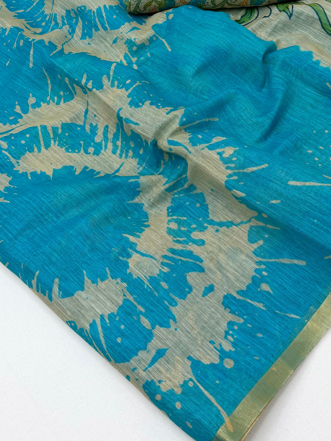 Peachmode Turquoise Linen Tie-Dye Printed Saree - Image 5