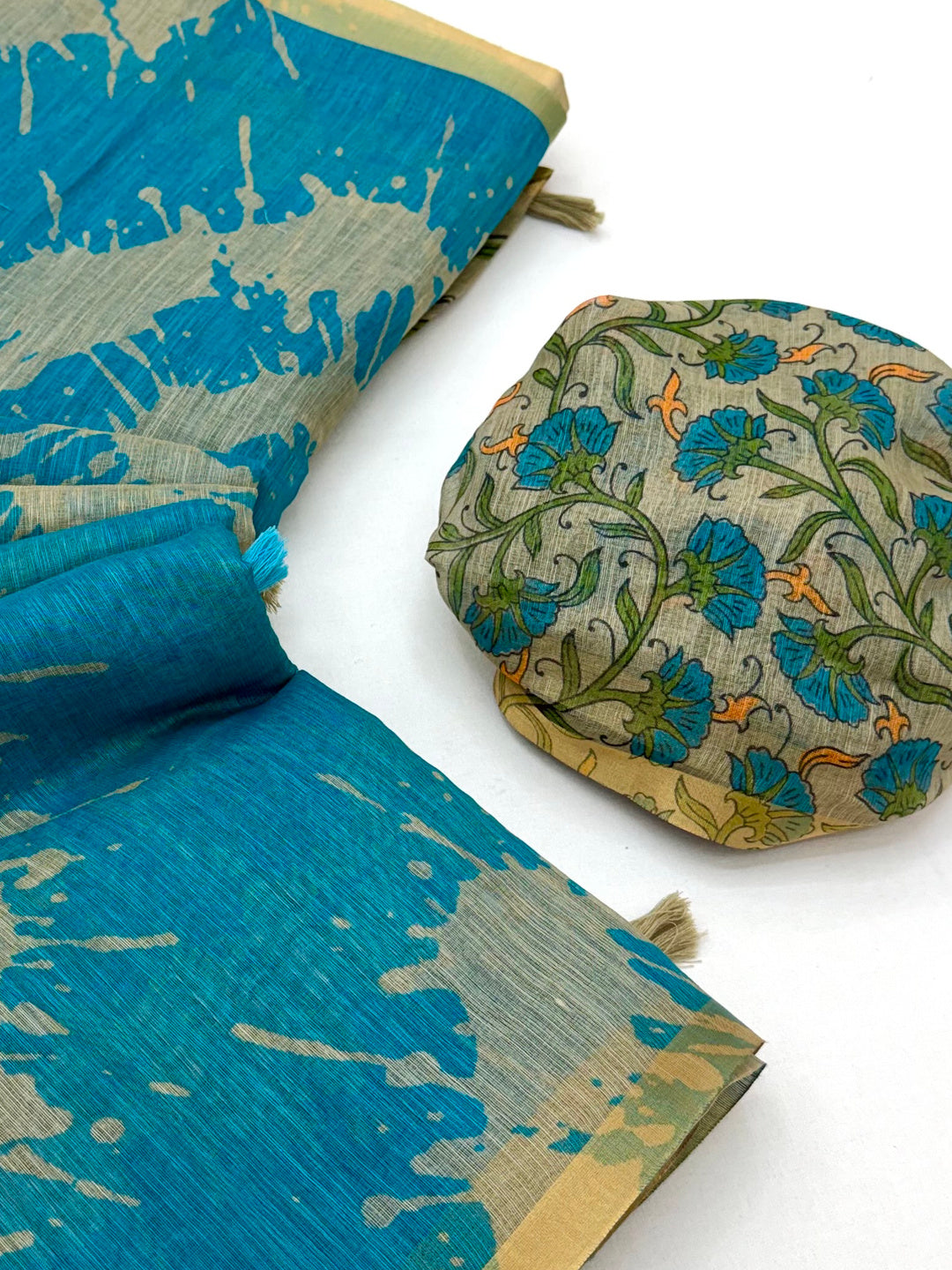 Peachmode Turquoise Linen Tie-Dye Printed Saree - Image 6