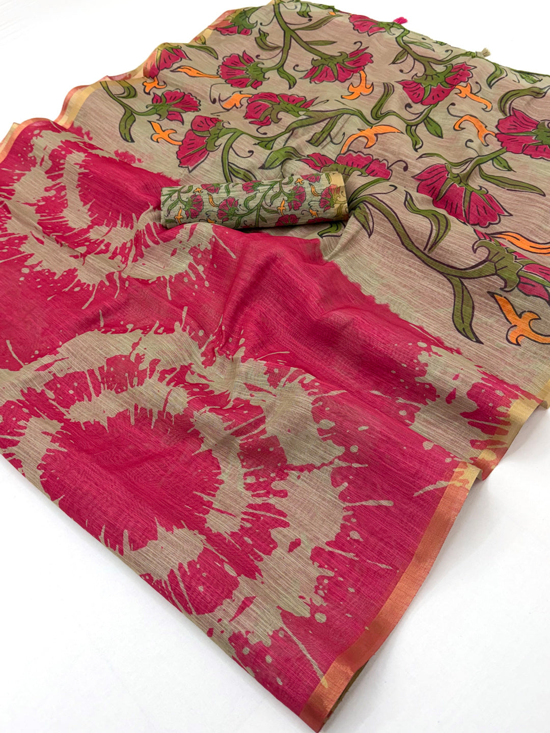 Peachmode Rani Linen Tie-Dye Printed Saree - Image 1
