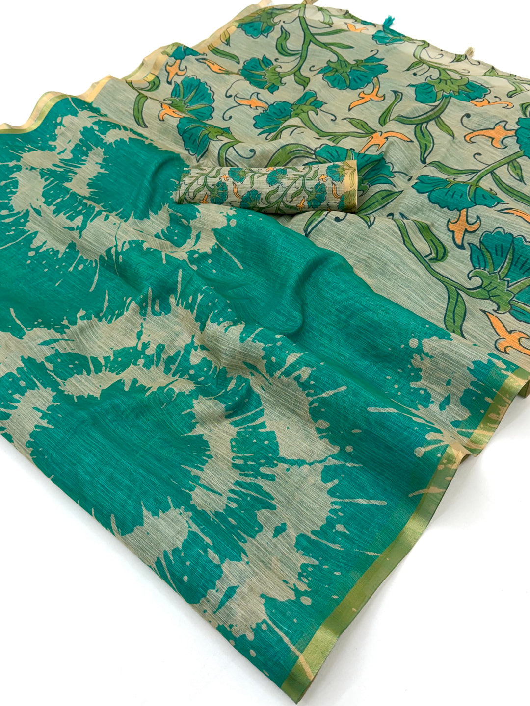 Peachmode Teal Linen Tie-Dye Printed Saree - Image 1