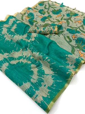 Peachmode Teal Linen Tie-Dye Printed Saree - Image 1