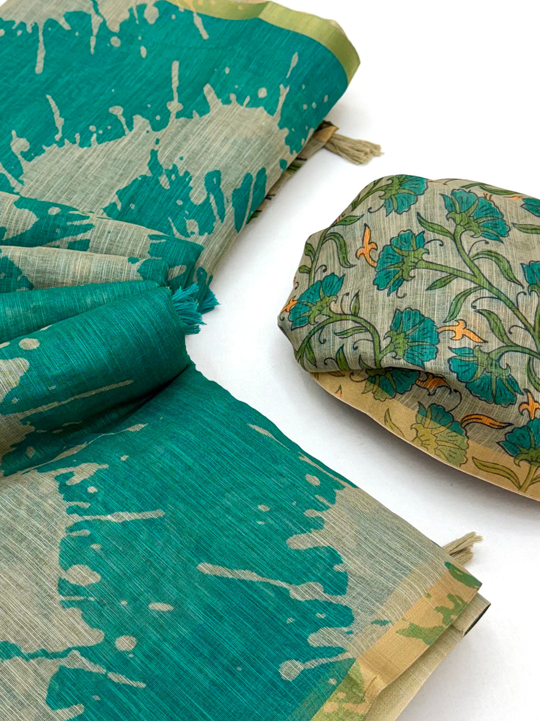 Peachmode Teal Linen Tie-Dye Printed Saree - Image 6