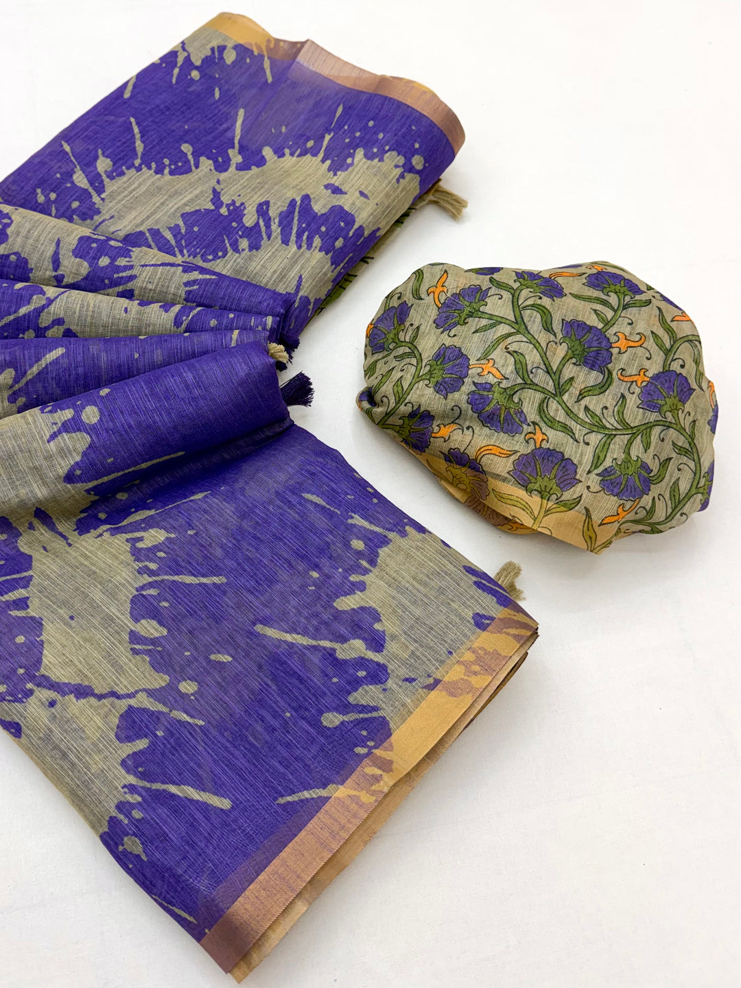 Peachmode Purple Linen Tie-Dye Printed Saree - Image 2