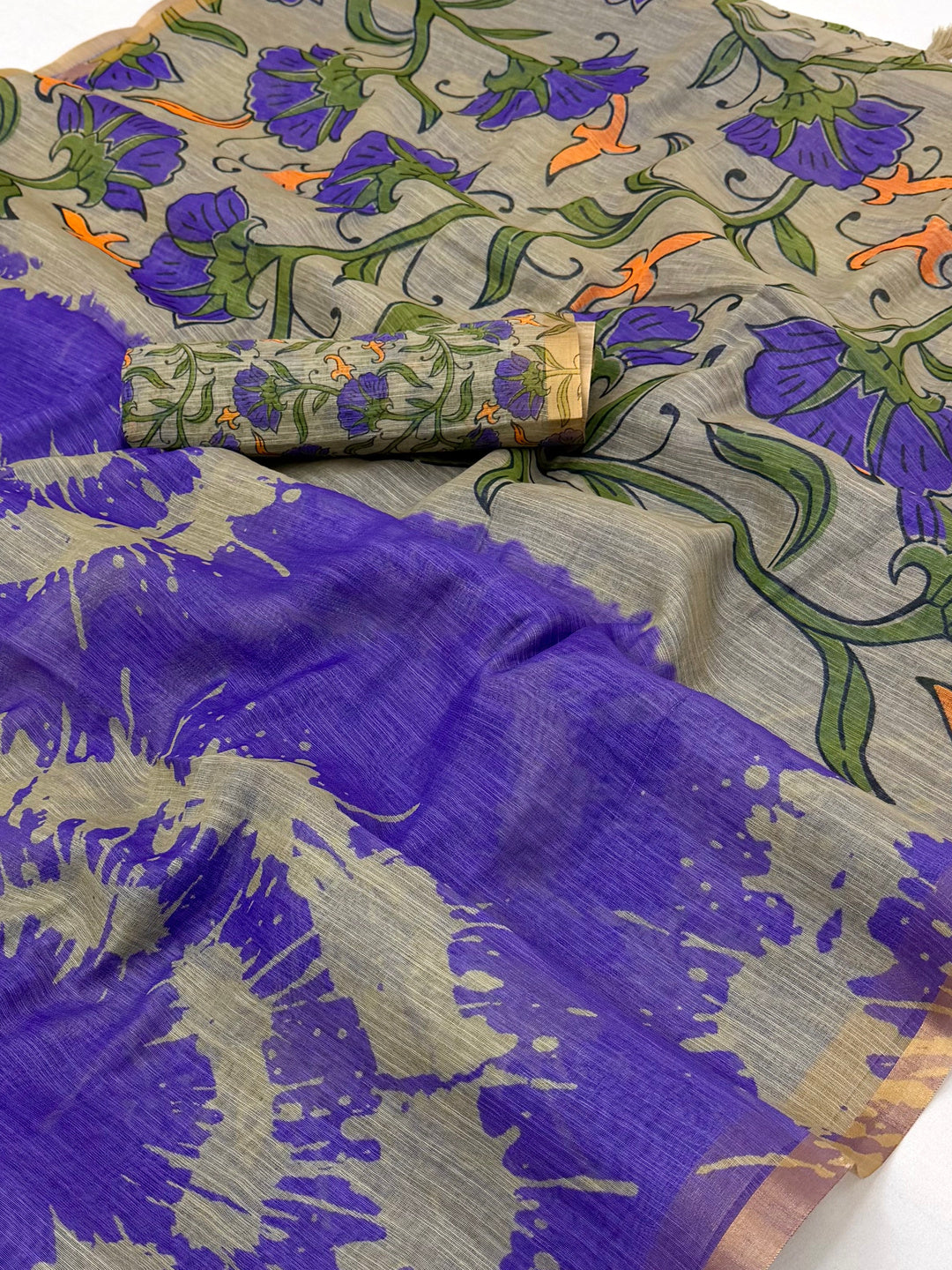 Peachmode Purple Linen Tie-Dye Printed Saree - Image 3