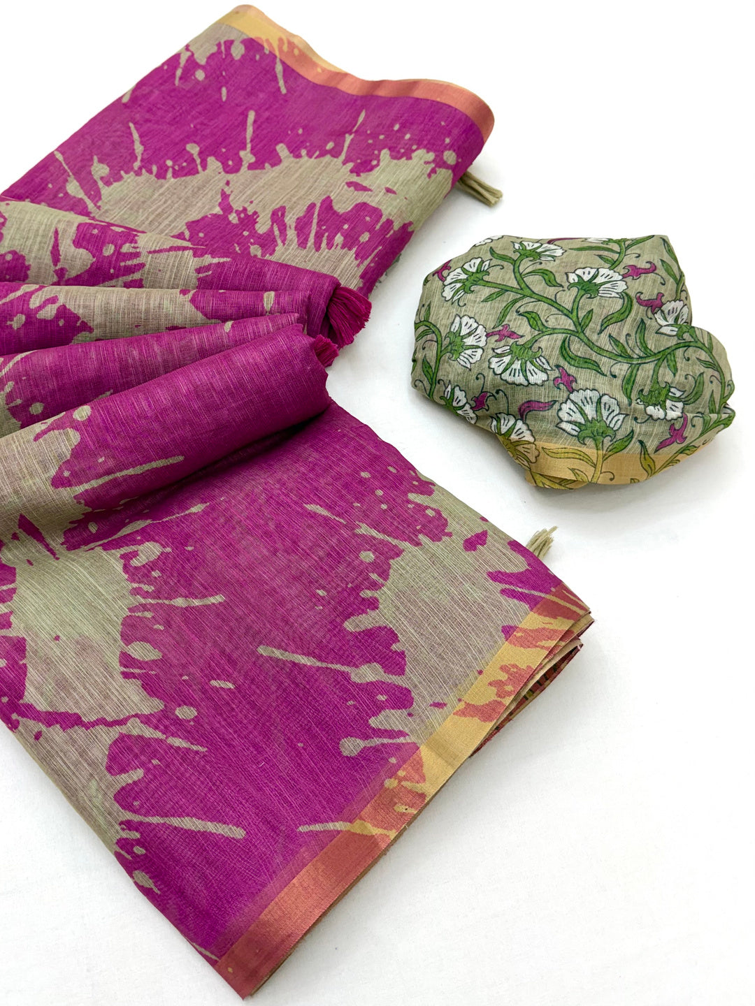 Peachmode Magenta Linen Tie-Dye Printed Saree - Image 2