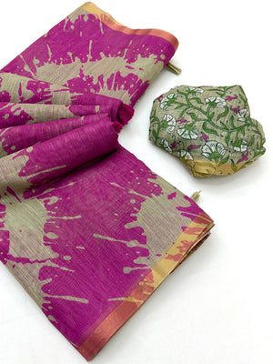 Peachmode Magenta Linen Tie-Dye Printed Saree - Image 2