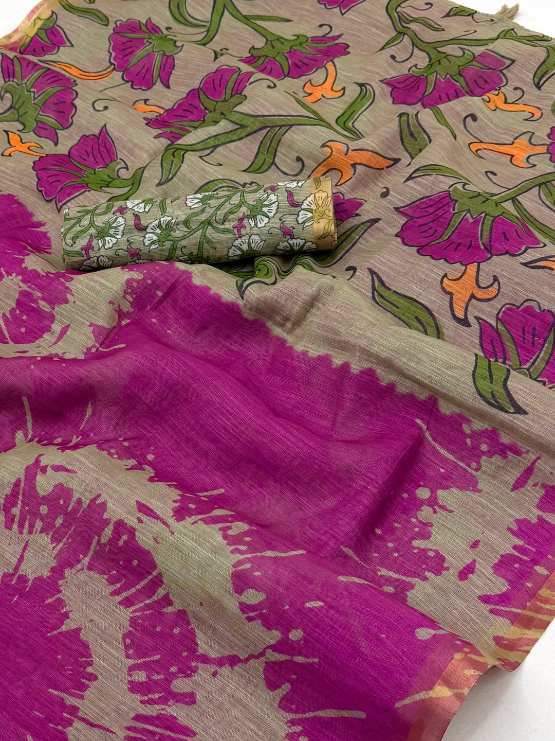 Peachmode Magenta Linen Tie-Dye Printed Saree - Image 3