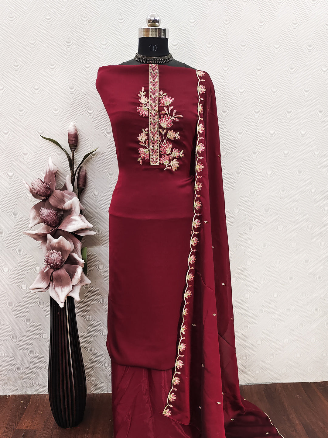 Peachmode Maroon Satin Floral Embroidered Unstitched Dress Material - Image 2