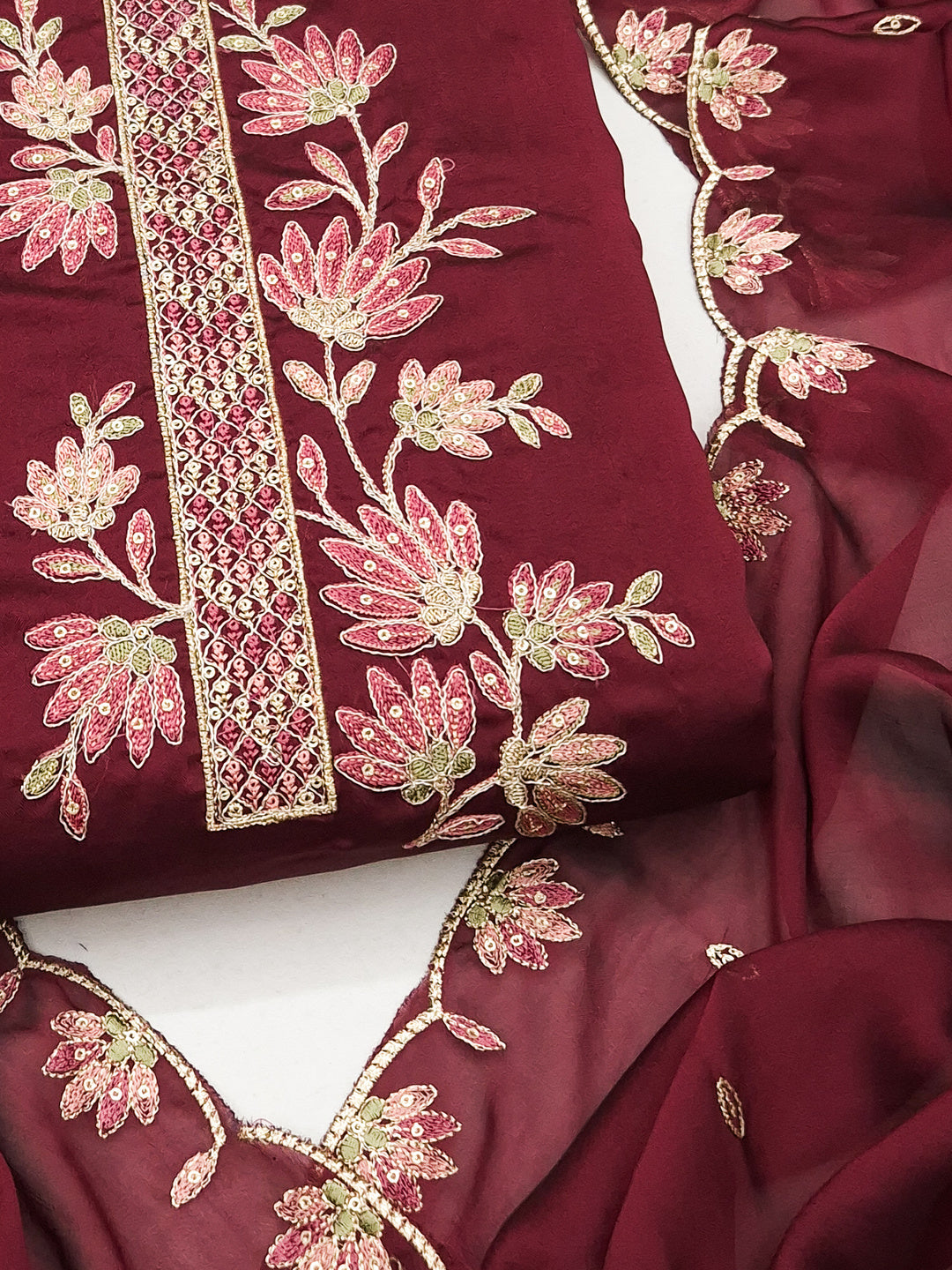 Peachmode Maroon Satin Floral Embroidered Unstitched Dress Material - Image 5