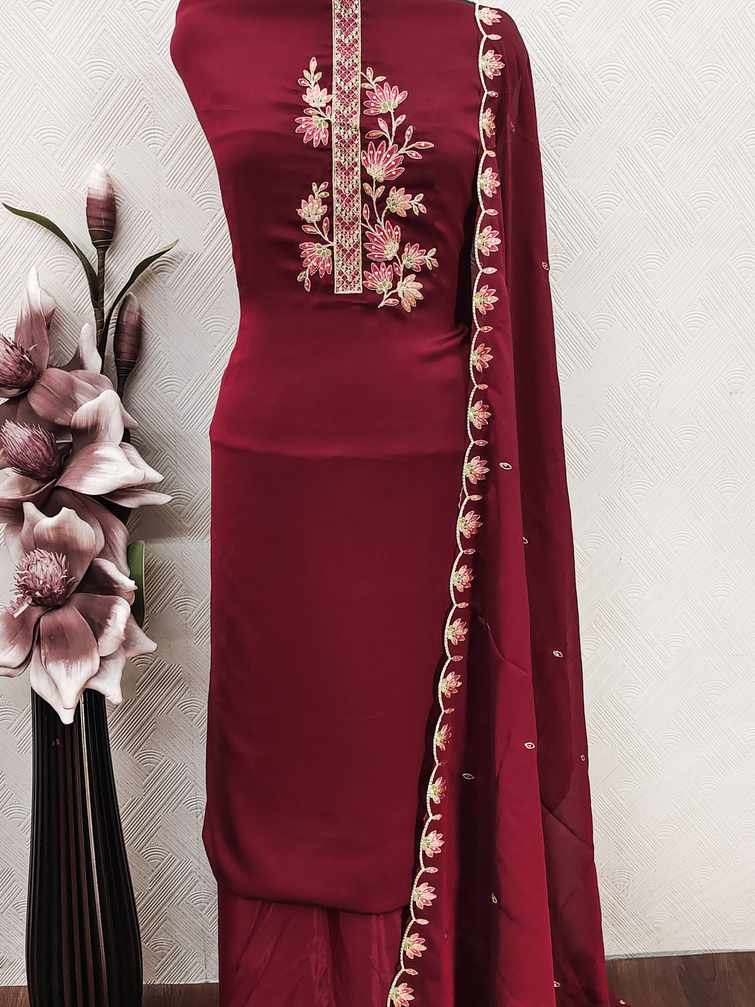 Peachmode Maroon Satin Floral Embroidered Unstitched Dress Material - Image 6