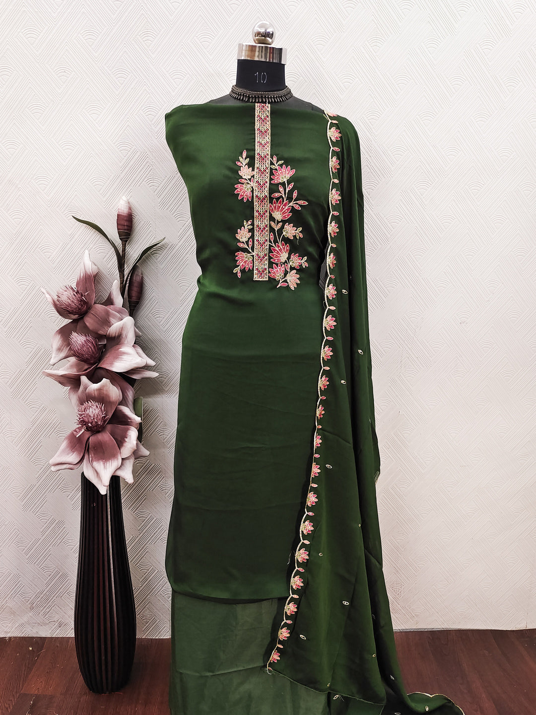 Peachmode Green Satin Floral Embroidered Unstitched Dress Material - Image 2