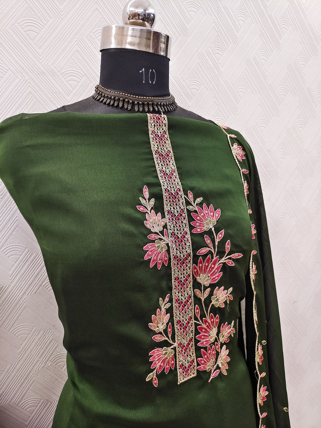 Peachmode Green Satin Floral Embroidered Unstitched Dress Material - Image 3