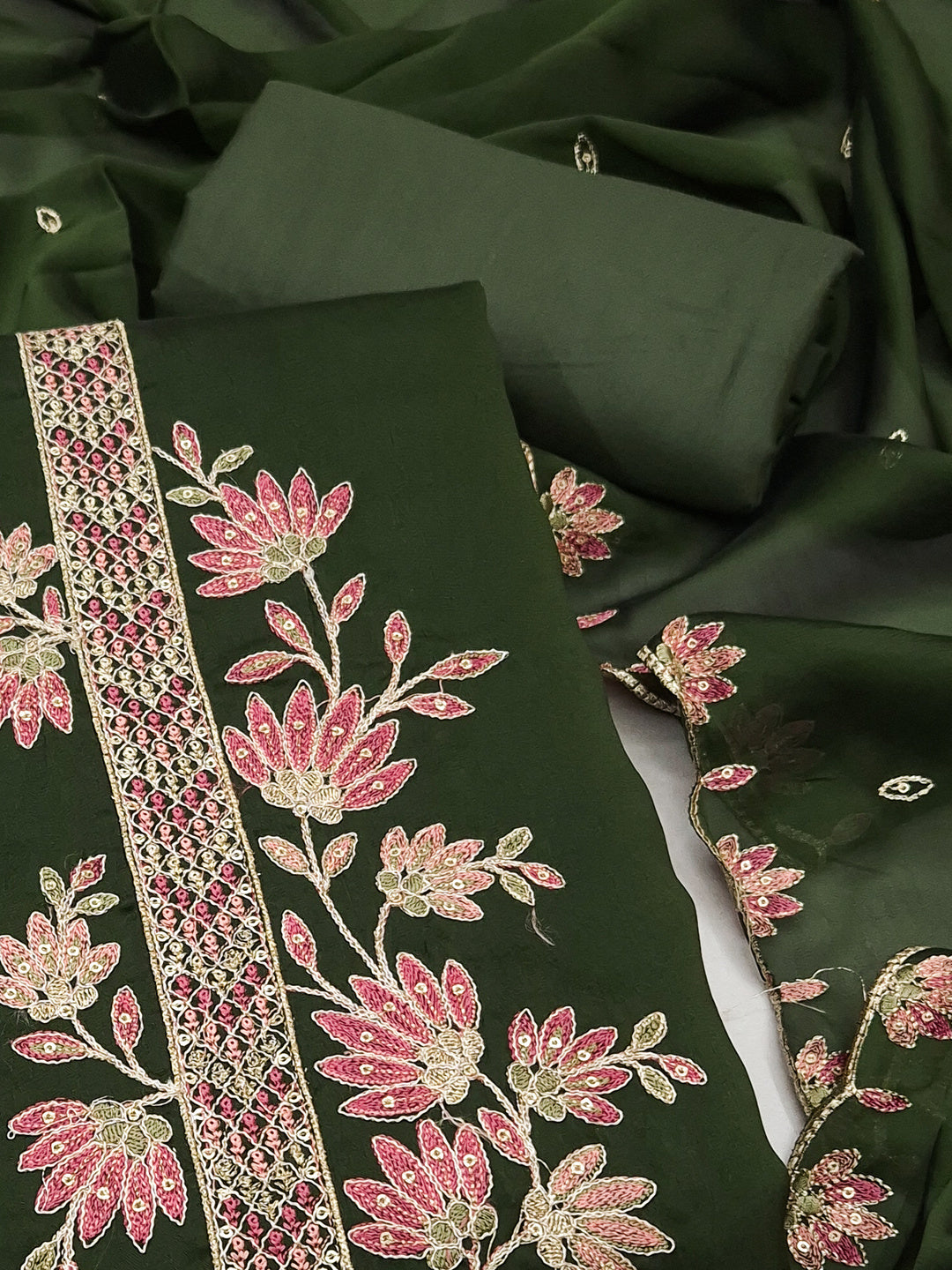 Peachmode Green Satin Floral Embroidered Unstitched Dress Material - Image 4