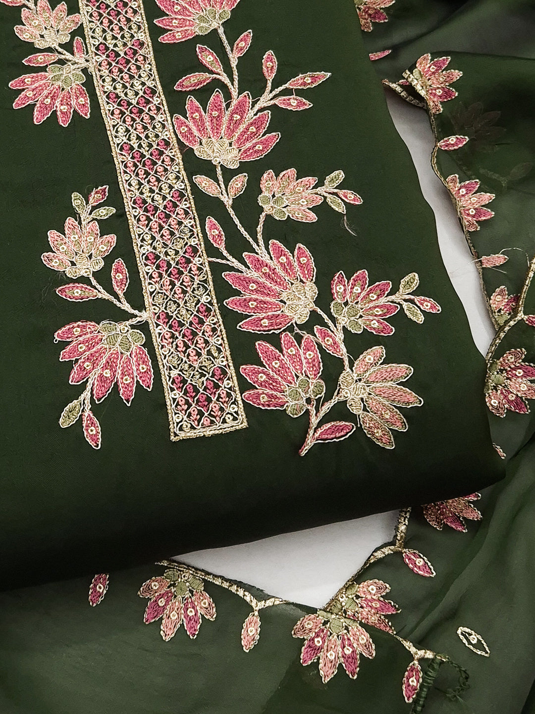 Peachmode Green Satin Floral Embroidered Unstitched Dress Material - Image 5
