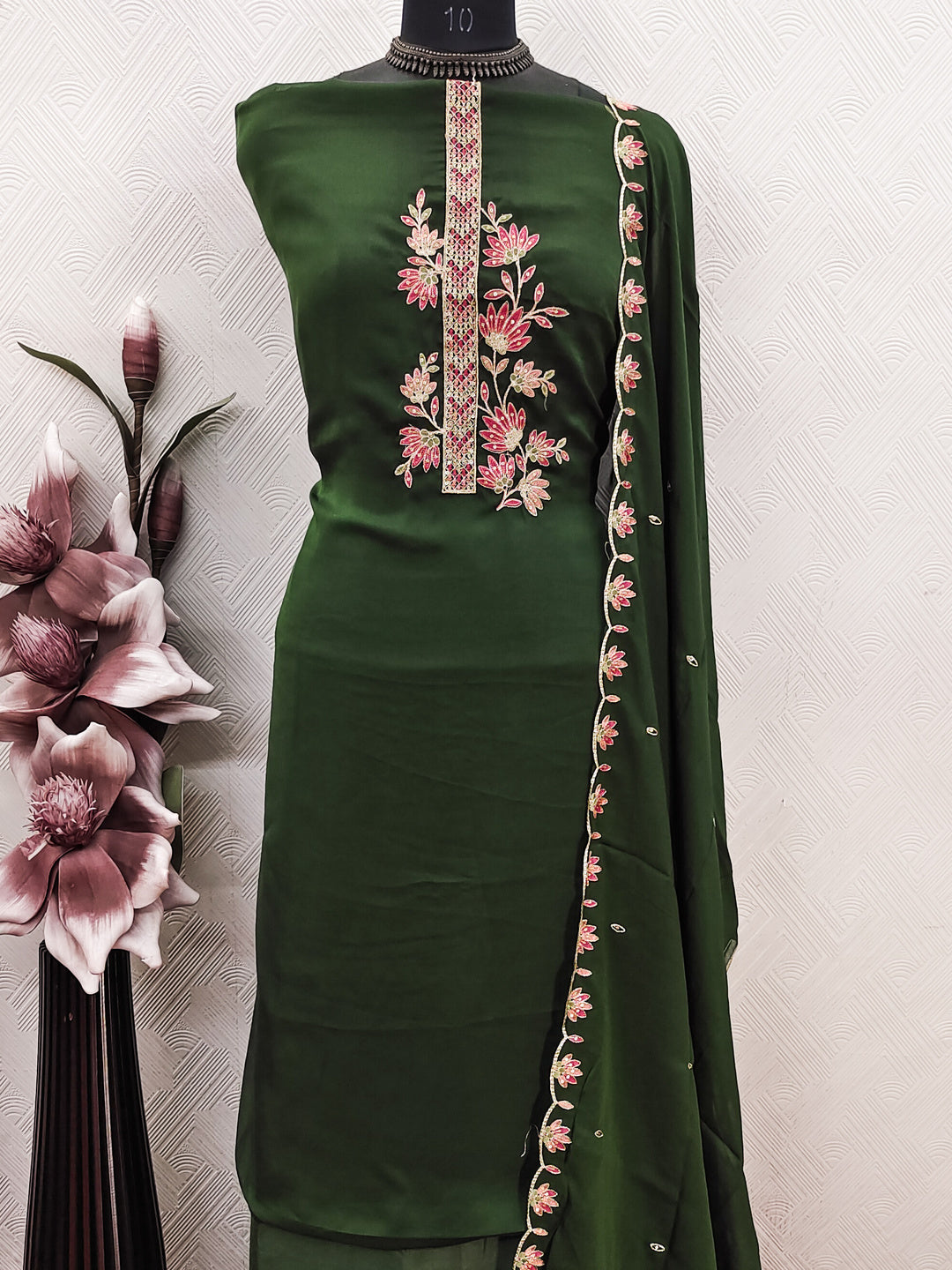 Peachmode Green Satin Floral Embroidered Unstitched Dress Material - Image 6