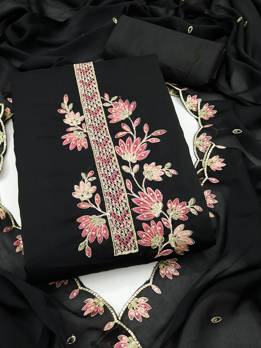 Peachmode Black Satin Floral Embroidered Unstitched Dress Material - Image 1