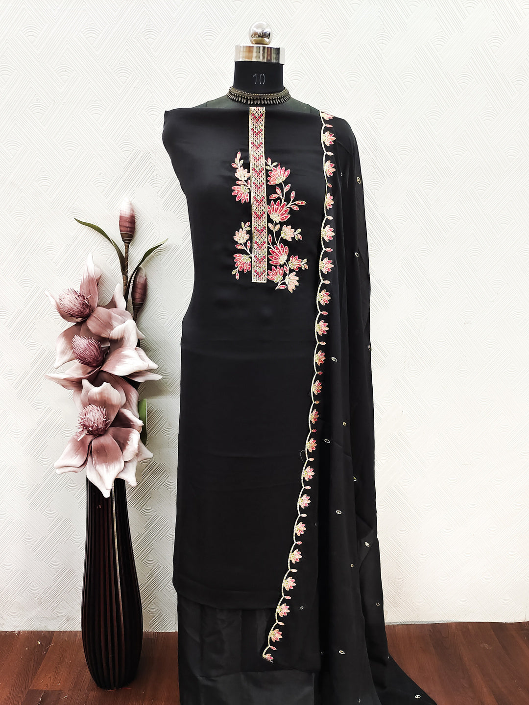 Peachmode Black Satin Floral Embroidered Unstitched Dress Material - Image 2