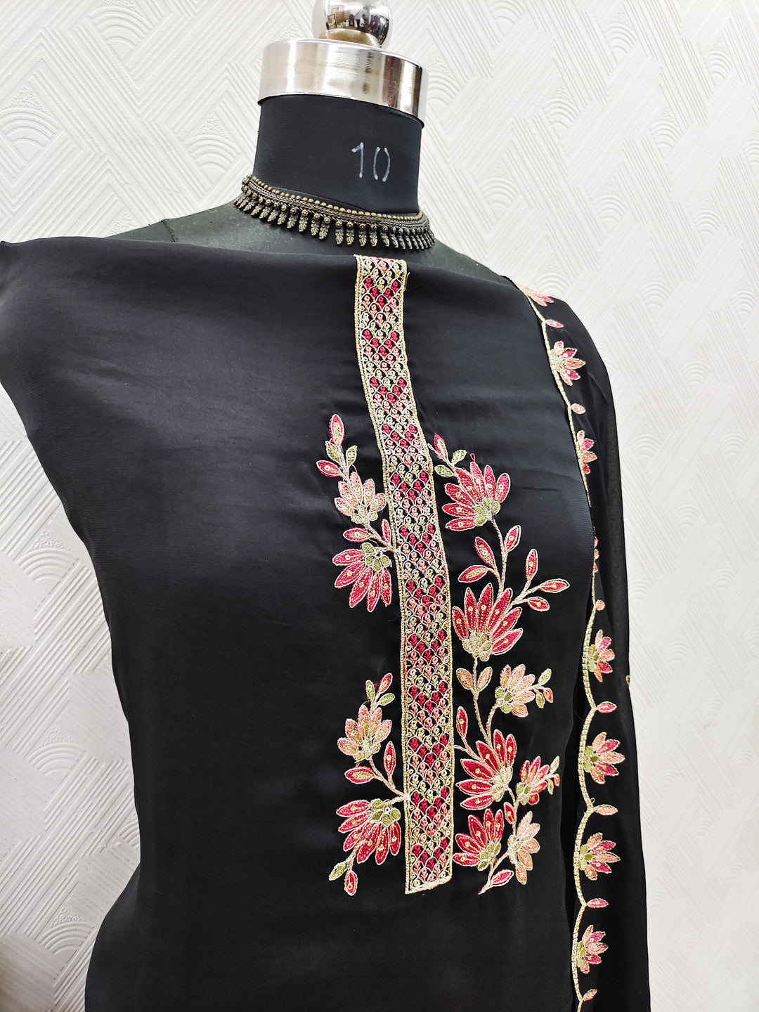 Peachmode Black Satin Floral Embroidered Unstitched Dress Material - Image 3