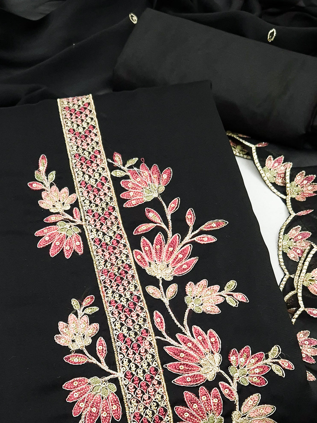 Peachmode Black Satin Floral Embroidered Unstitched Dress Material - Image 4