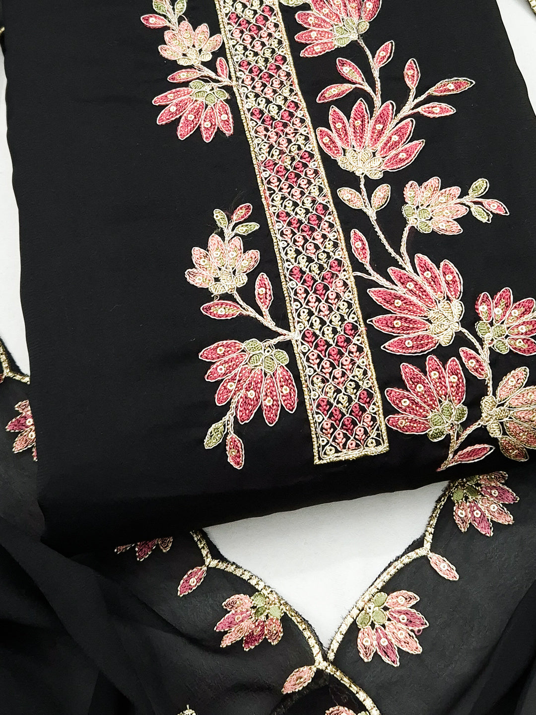 Peachmode Black Satin Floral Embroidered Unstitched Dress Material - Image 5