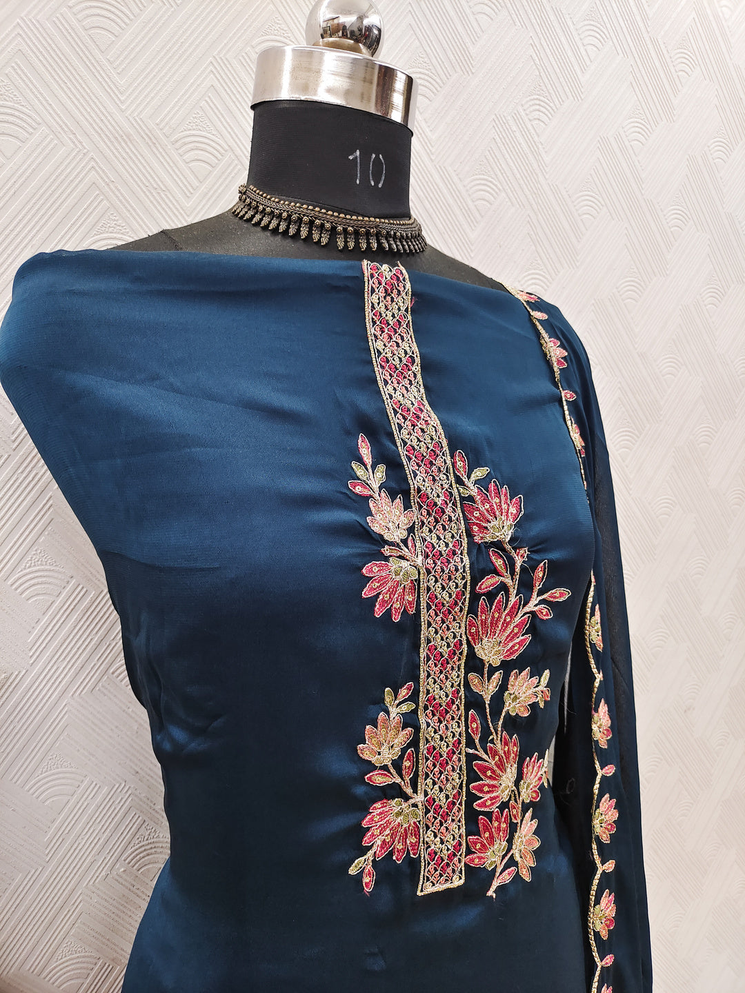 Peachmode Blue Satin Floral Embroidered Unstitched Dress Material - Image 3