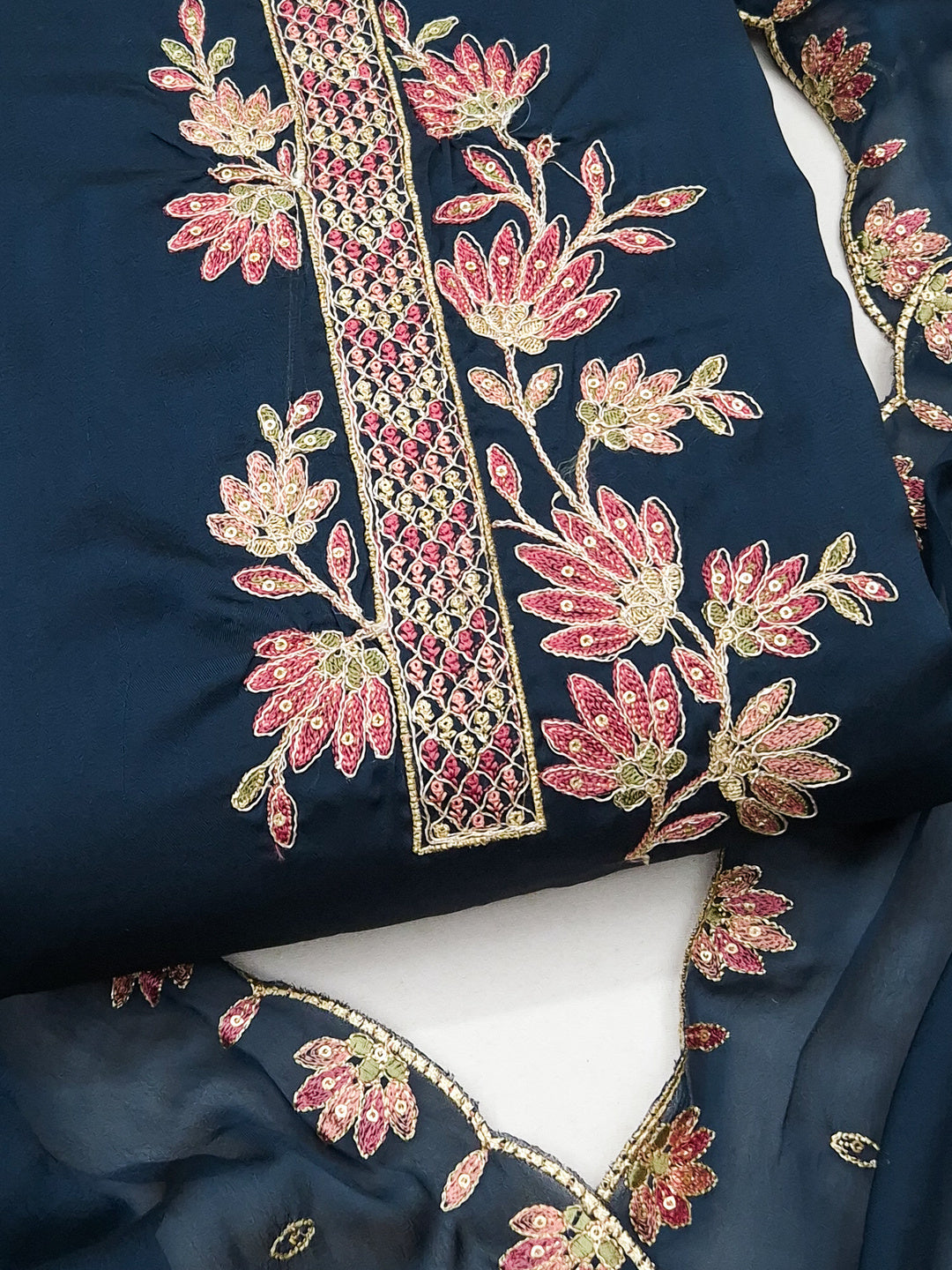 Peachmode Blue Satin Floral Embroidered Unstitched Dress Material - Image 5