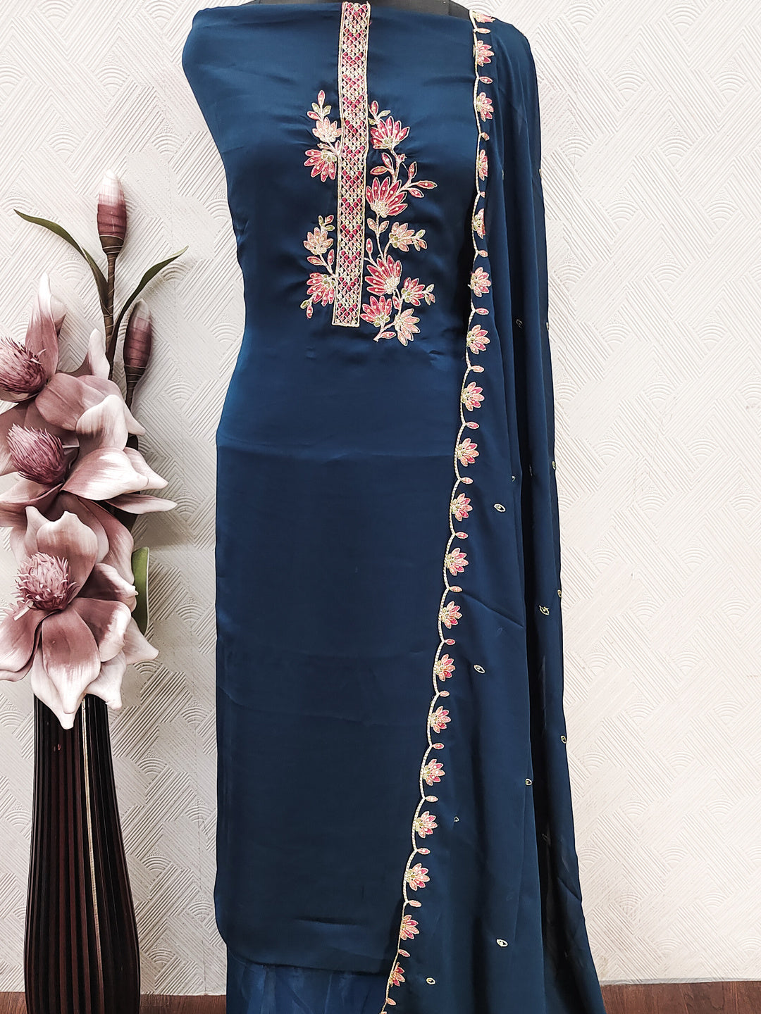 Peachmode Blue Satin Floral Embroidered Unstitched Dress Material - Image 6