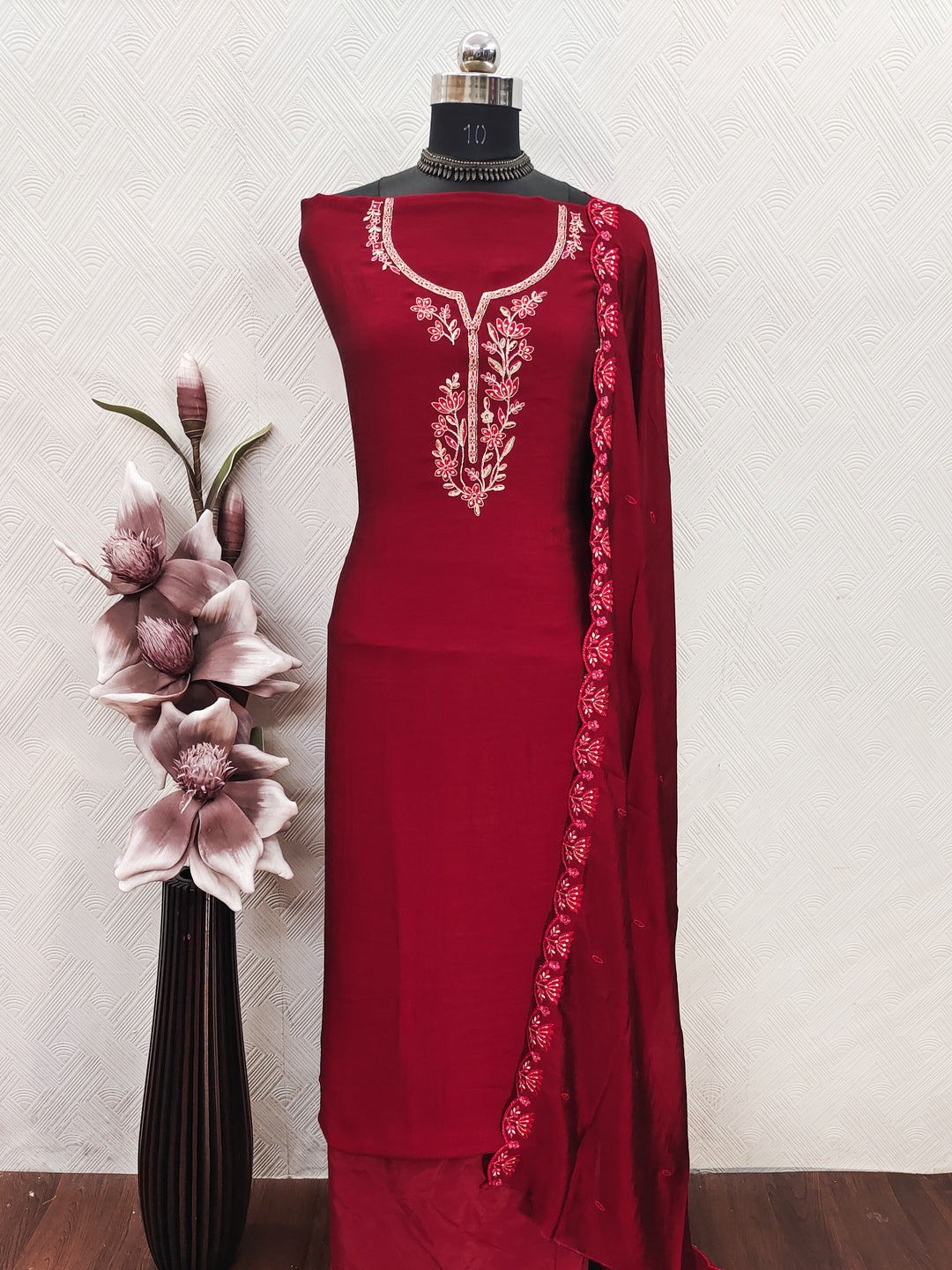 Peachmode Red Vichitra Silk Floral Embroidered Unstitched Dress Material - Image 2