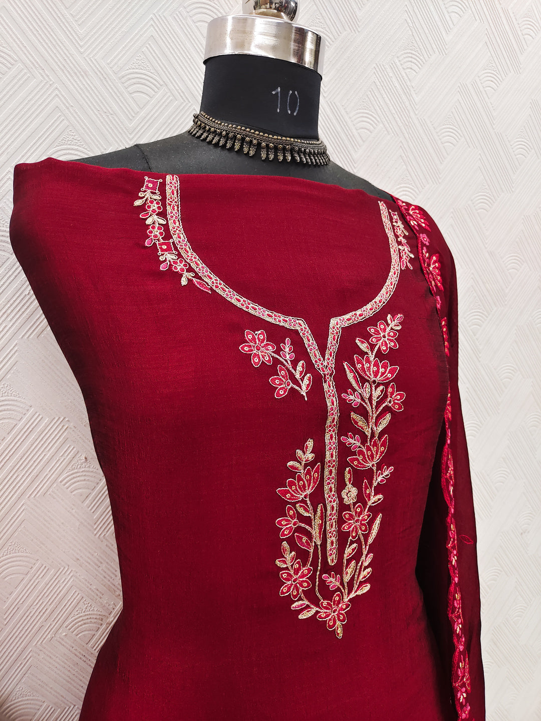Peachmode Red Vichitra Silk Floral Embroidered Unstitched Dress Material - Image 3