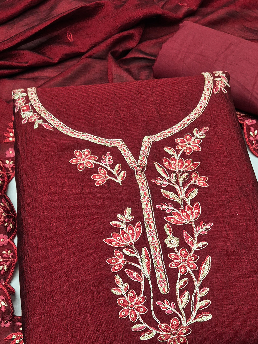 Peachmode Red Vichitra Silk Floral Embroidered Unstitched Dress Material - Image 4
