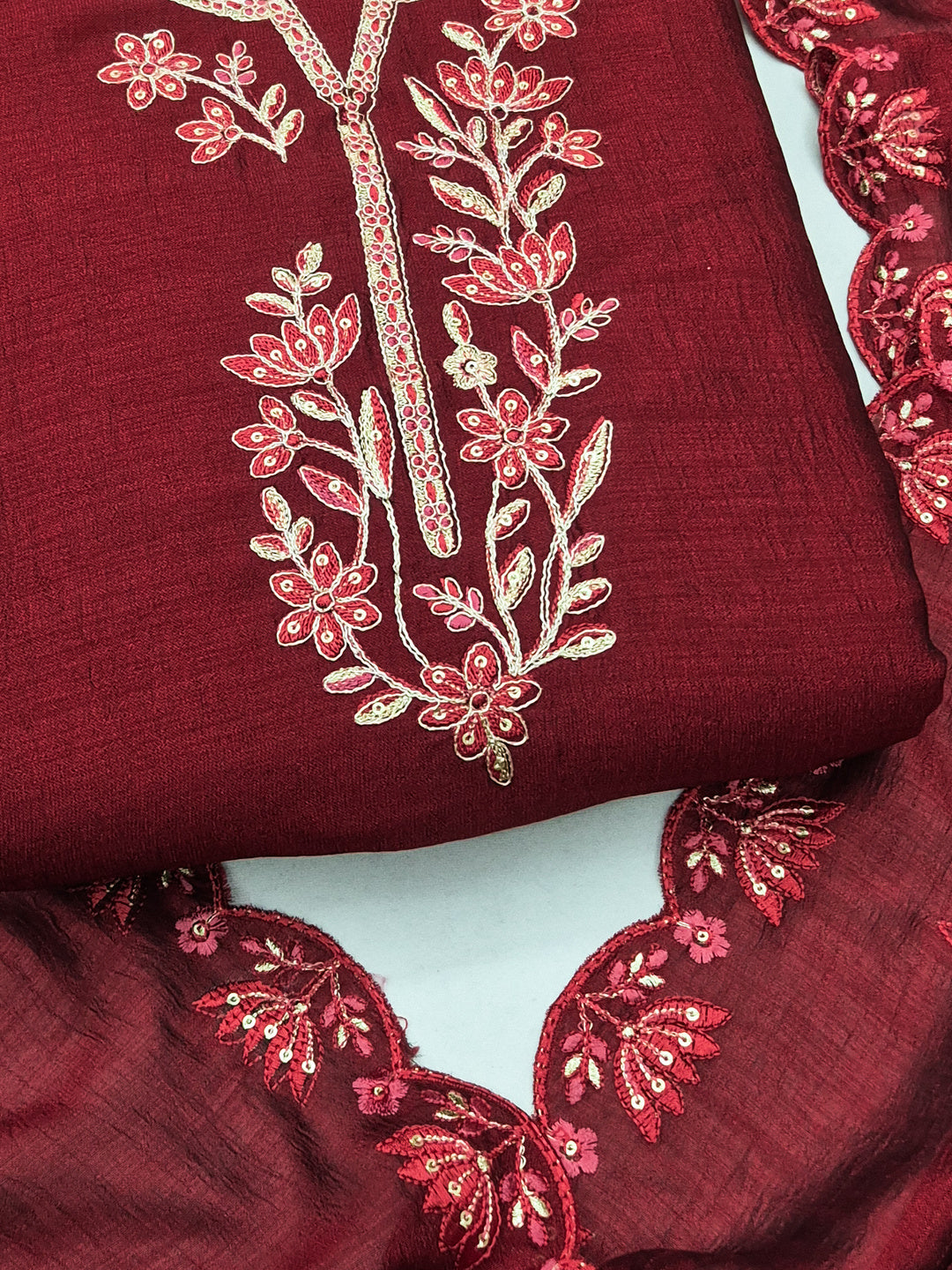 Peachmode Red Vichitra Silk Floral Embroidered Unstitched Dress Material - Image 5