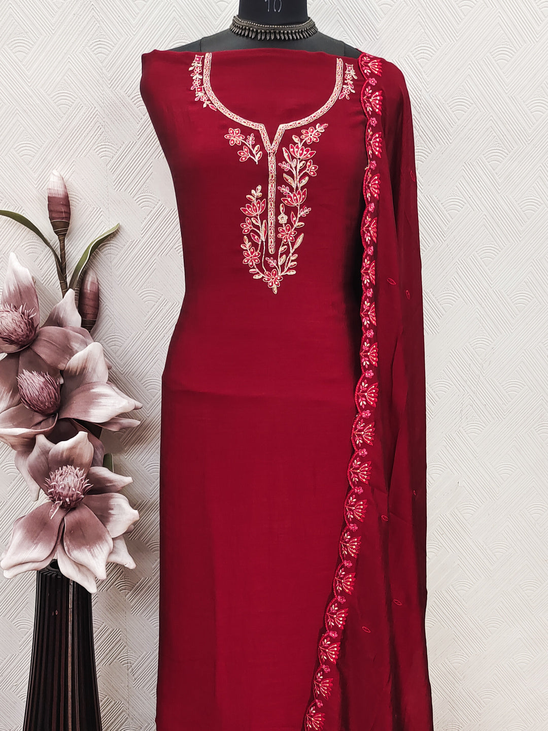 Peachmode Red Vichitra Silk Floral Embroidered Unstitched Dress Material - Image 6