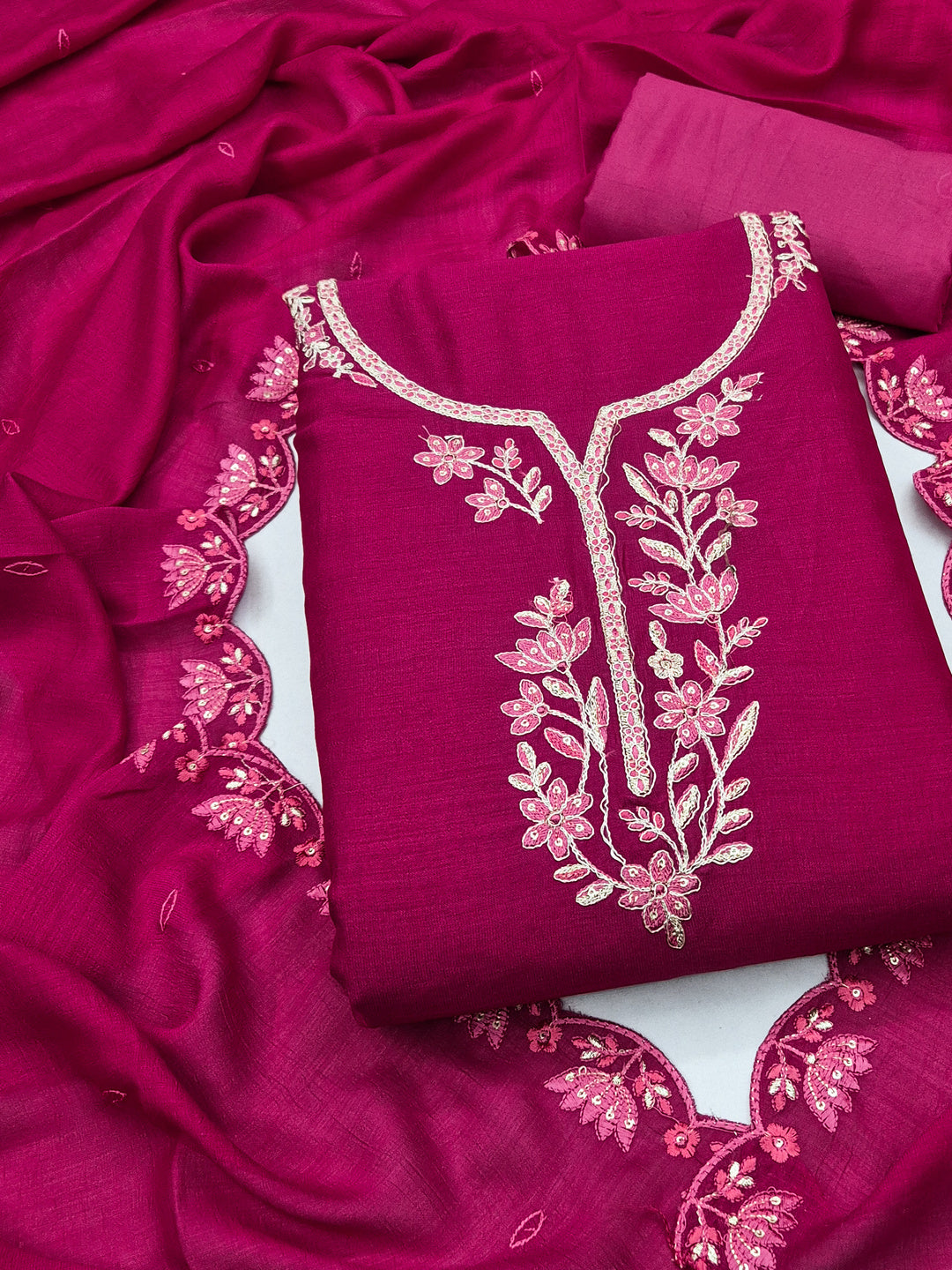 Peachmode Rani Vichitra Silk Floral Embroidered Unstitched Dress Material - Image 1