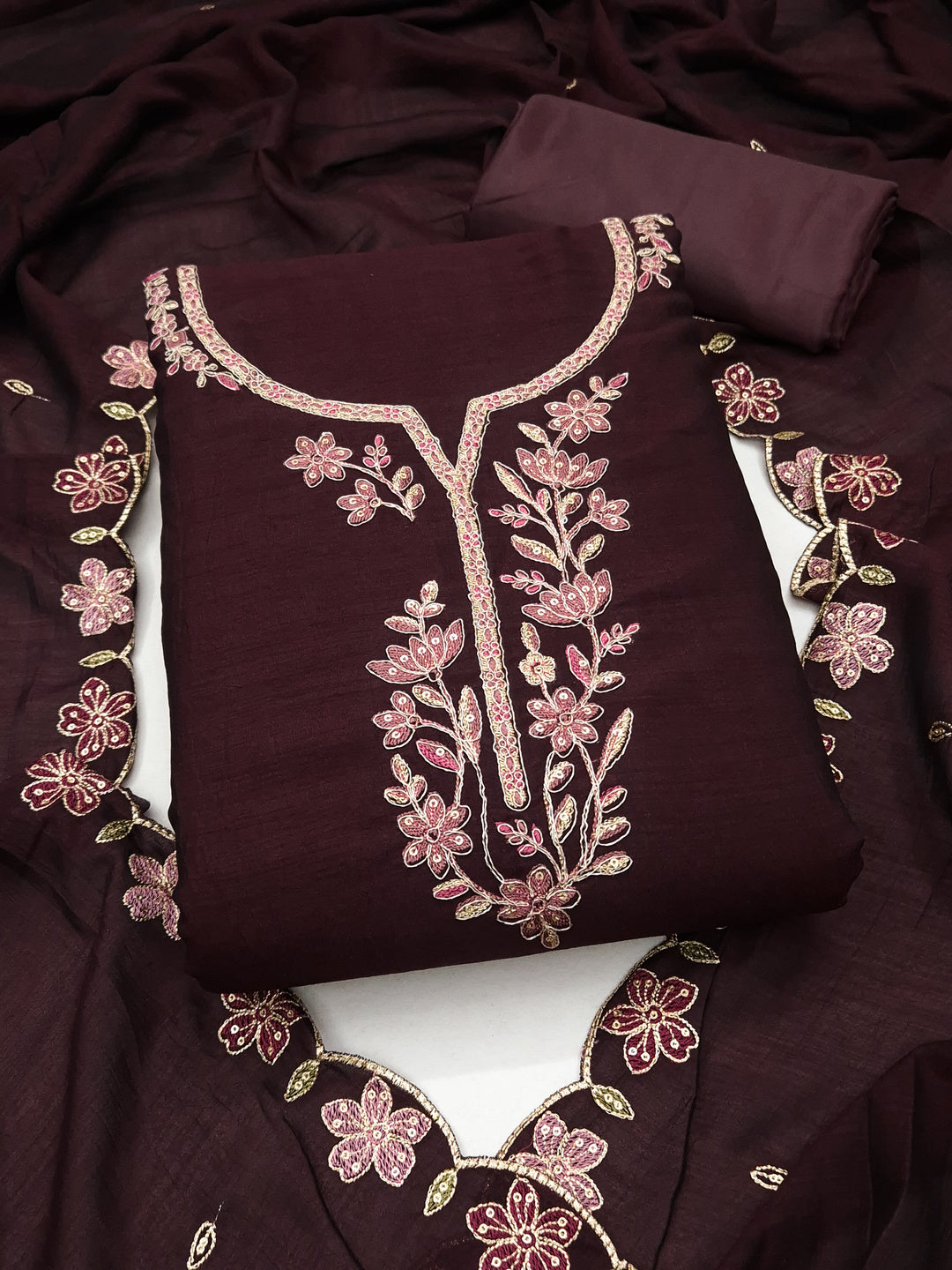 Peachmode Coffee Vichitra Silk Floral Embroidered Unstitched Dress Material - Image 1