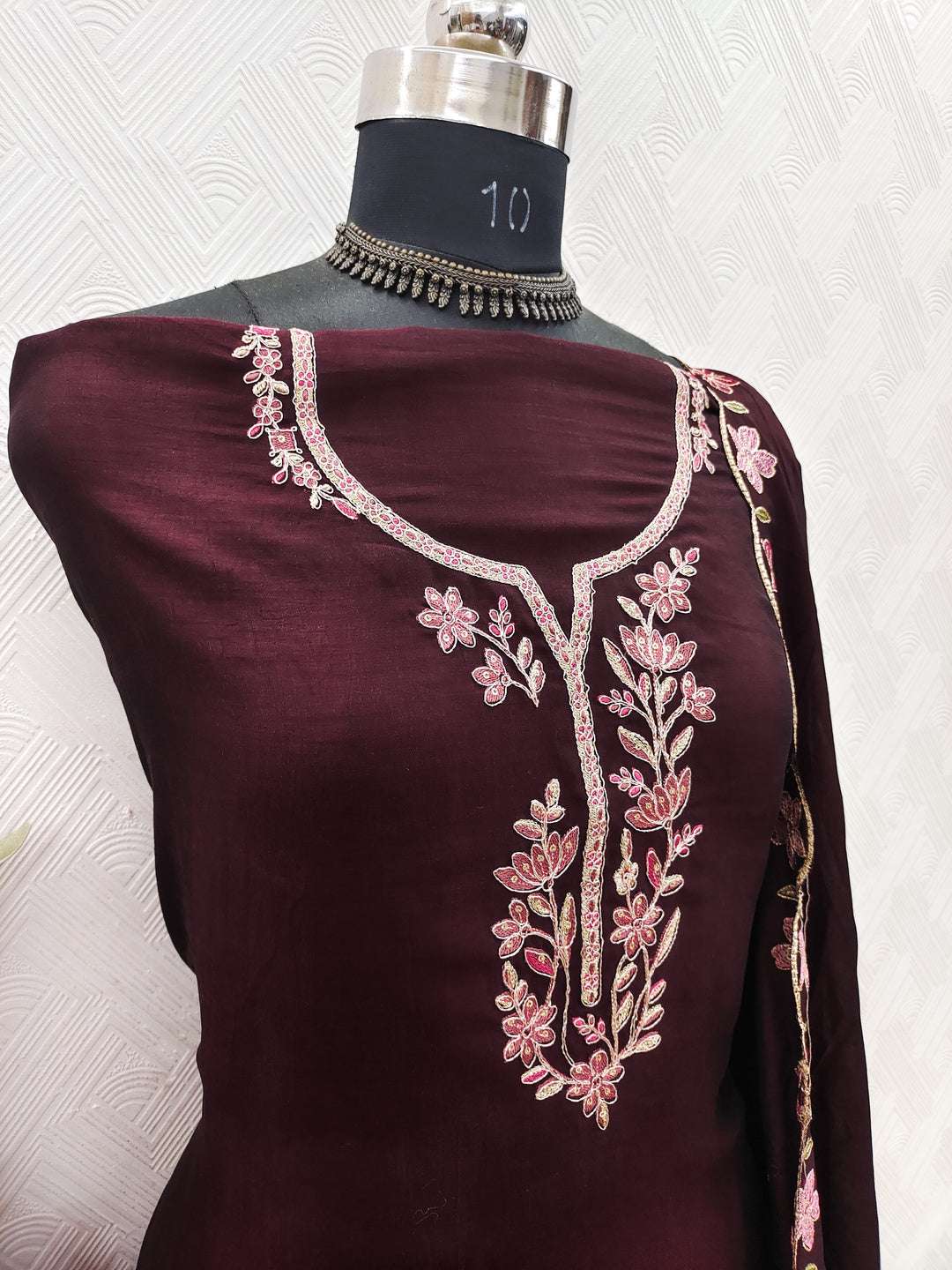 Peachmode Coffee Vichitra Silk Floral Embroidered Unstitched Dress Material - Image 3