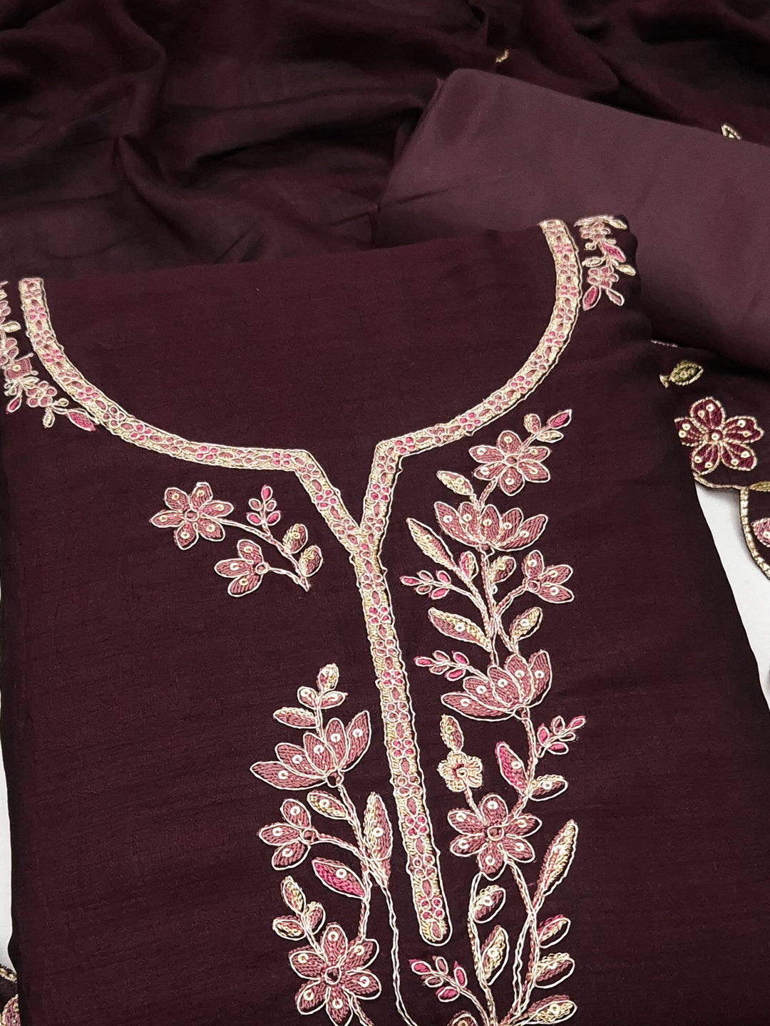 Peachmode Coffee Vichitra Silk Floral Embroidered Unstitched Dress Material - Image 4