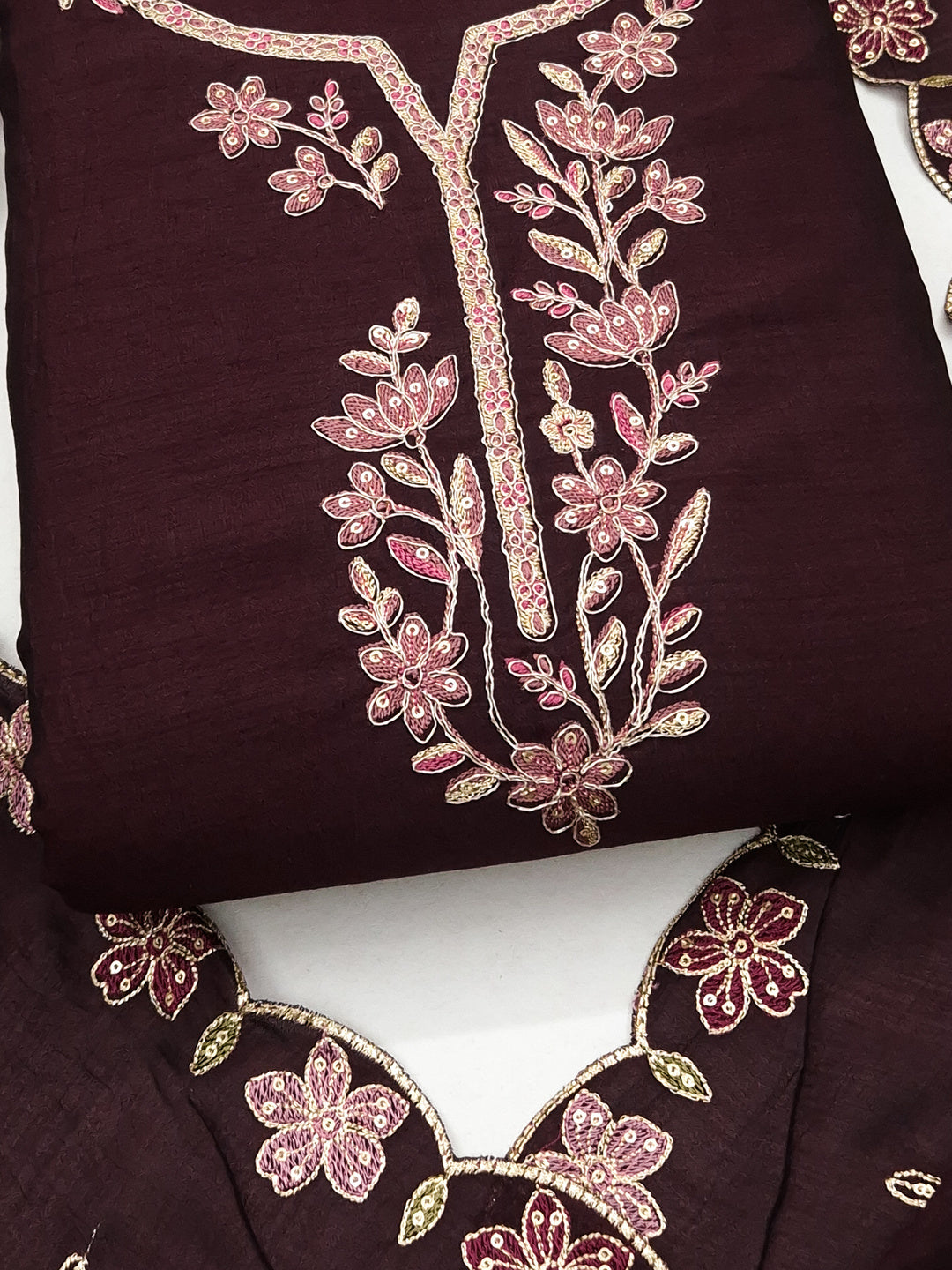Peachmode Coffee Vichitra Silk Floral Embroidered Unstitched Dress Material - Image 5
