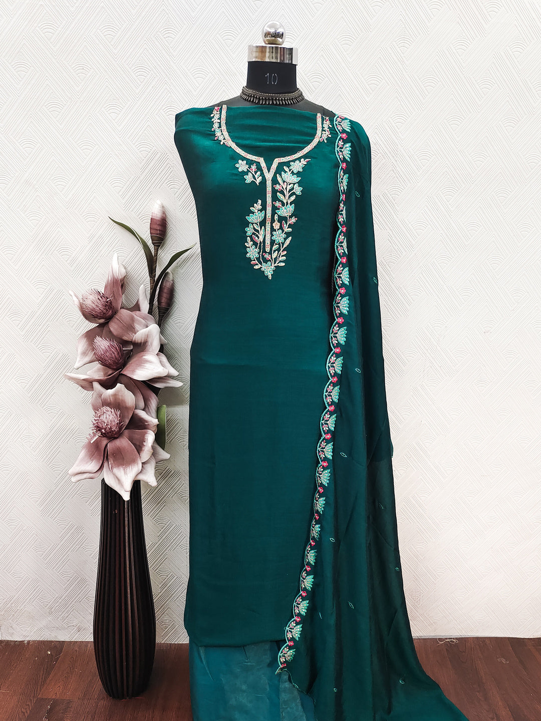 Peachmode Teal Vichitra Silk Floral Embroidered Unstitched Dress Material - Image 2